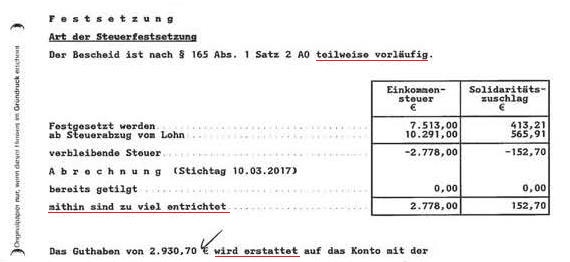 Muster Einkommensteuerbescheid - Ausschnitt der ersten Seite eines teilweise vorläufigen Steuerbescheids
