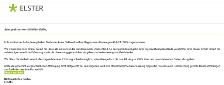 Beispiel für eine Phishing-Mail mit dem ELSTER-Logo