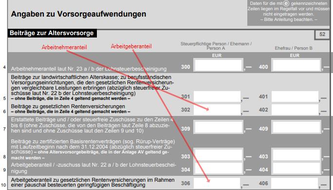 Ausschnitt der Anlage Vorsorgeaufwand, worauf markiert wurde, an welchen Stellen die Arbeitgeber- und Arbeitnehmeranteile zur Rentenversicherungsbeiträge bei Minijobs eingetragen