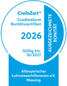 CrefoZert - Creditreform Bonitätszertifikat 2025 - Ausgezeichnete Bonität - Altbayerischer Lohnsteuerhilfeverein e.V.